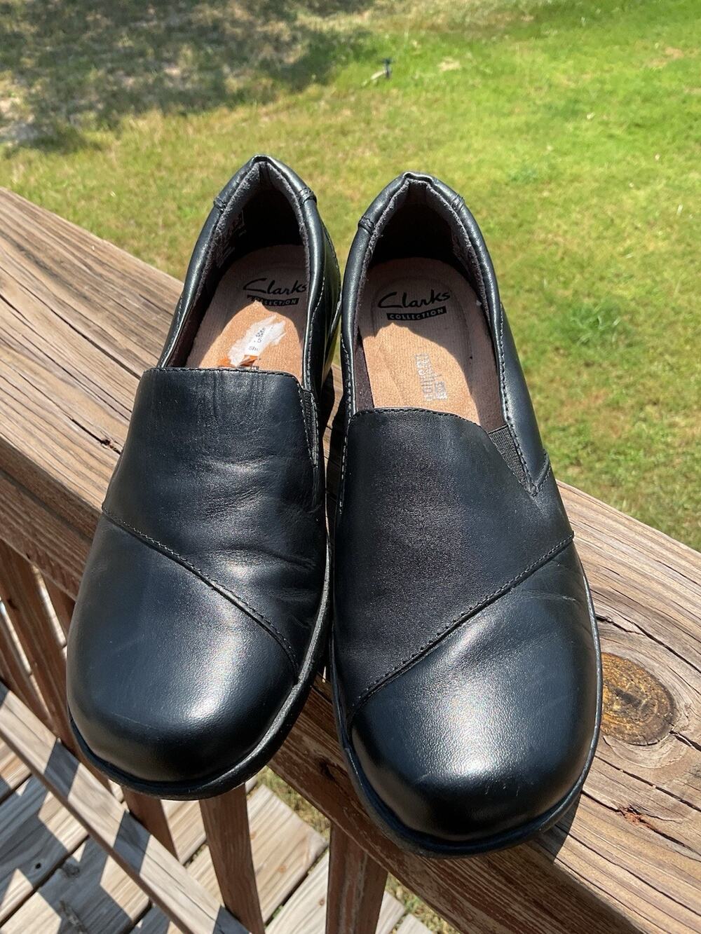 Clarks Women’s Black Leather Loafers Size 7 M Comfort Slip On Shoes